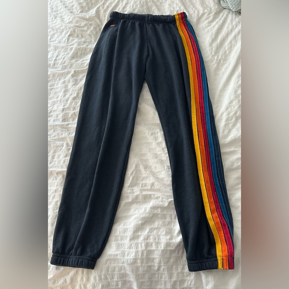 Aviator Nation Black Track Pants with Rainbow Stripes